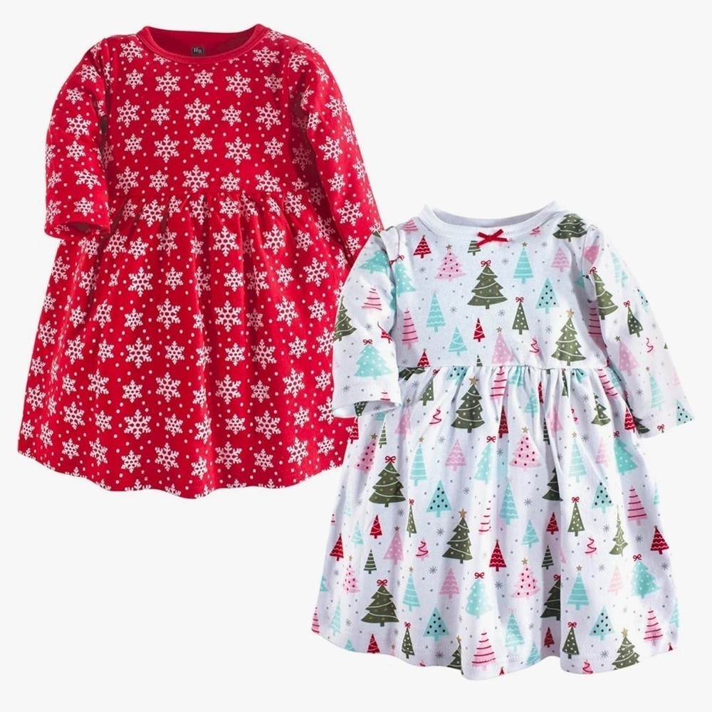 Hudson Baby Christmas Dress 2 Pack 100% Cotton Pastel Trees Red Snowflakes 2T